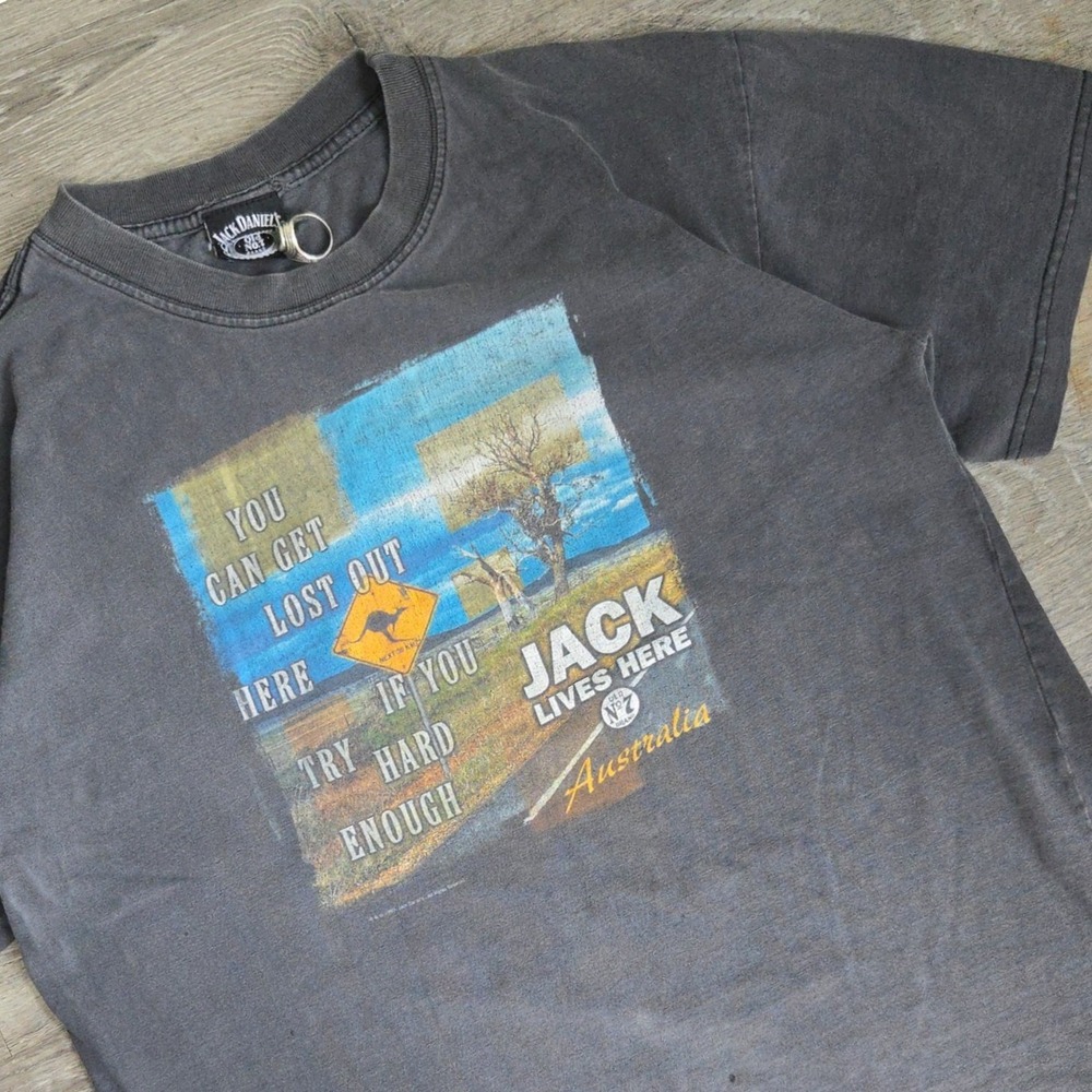 VTG Jack Daniels Mens XL T-Shirt Australia Kangaroo Faded Black 1999 Graphic Tee